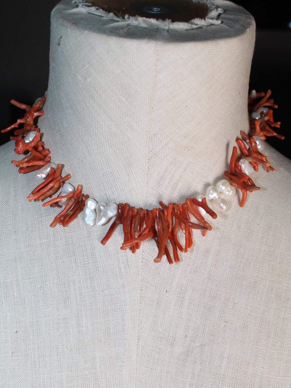 17-inch White Freshwater Baroque Pearls Natural Red Coral Branch Necklace
